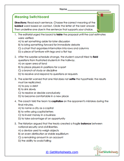 Meaning Switchboard Worksheet