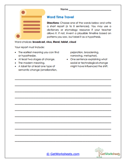 Word Time Travel Worksheet