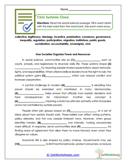Civic Systems Cloze Worksheet
