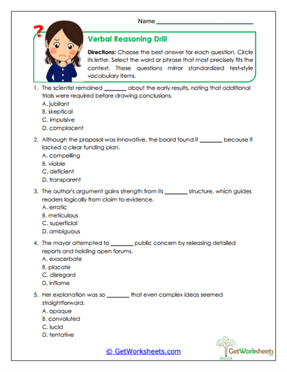Verbal Reasoning Drill Worksheet