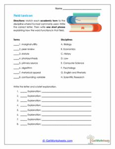 Field Lexicon Worksheet - Academic Vocabulary Across Disciplines