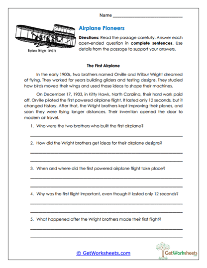 Airplane Pioneers Worksheet