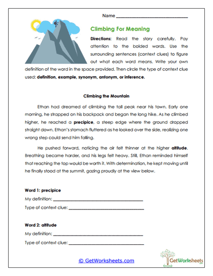 Climbing for Meaning Worksheet