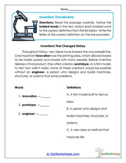 Invention Vocabulary Worksheet