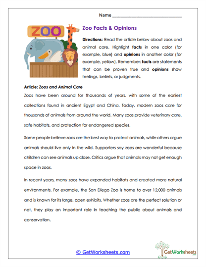 Zoo Facts & Opinions Worksheet