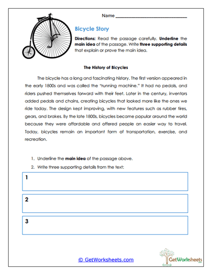 Bicycle Story Worksheet