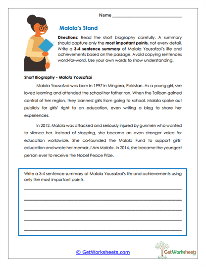 Malala's Stand Worksheet