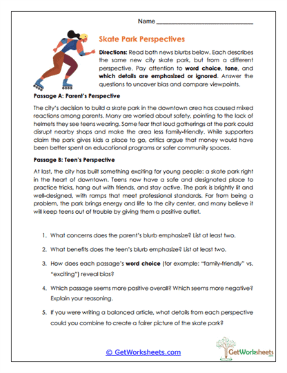 Skate Park Perspectives Worksheet