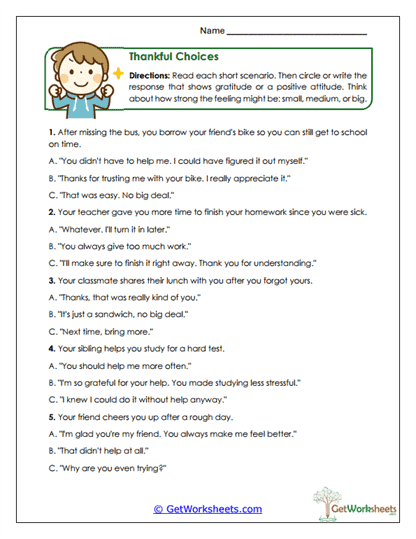 Thankful Choices Worksheet