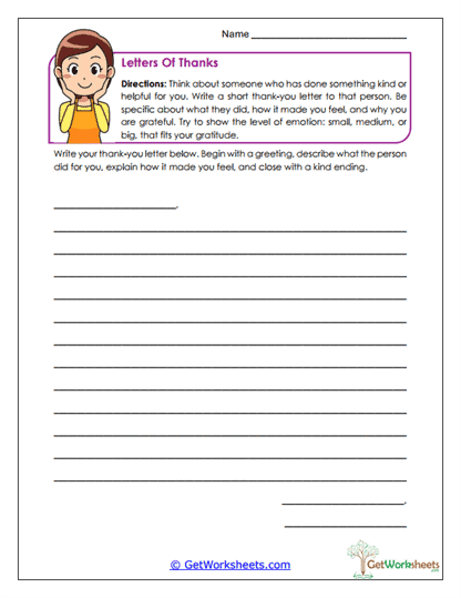 Letters of Thanks Worksheet