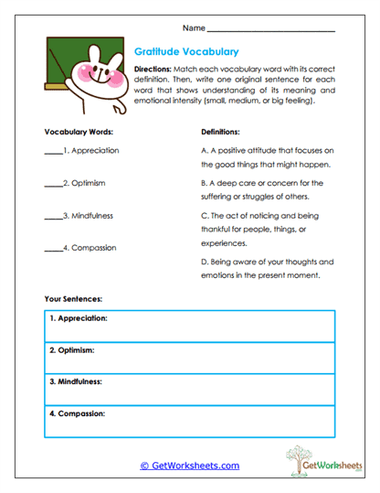 Gratitude Vocabulary Worksheet