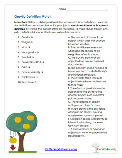 Gravity Definition Match Worksheet