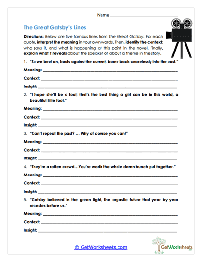 Gatsby Quote Analysis Worksheet