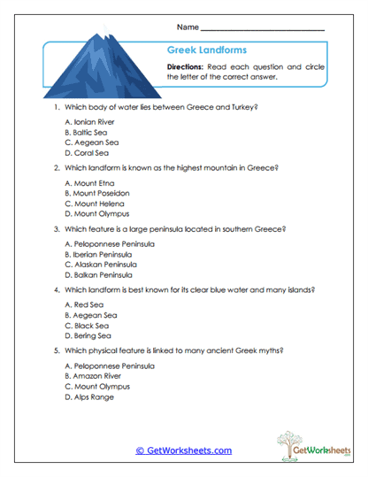 Greek Landforms Worksheet