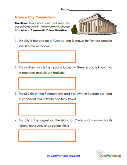 Greek Cities Match Worksheet