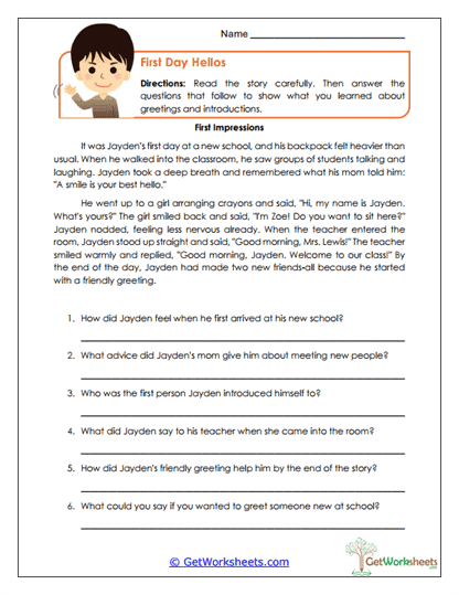 First Day Hellos Worksheet