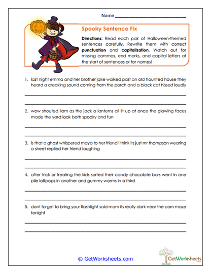 Spooky Sentence Fix Worksheet