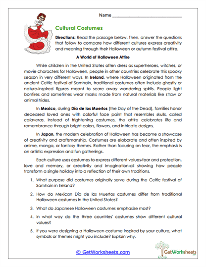 Cultural Costumes Worksheet