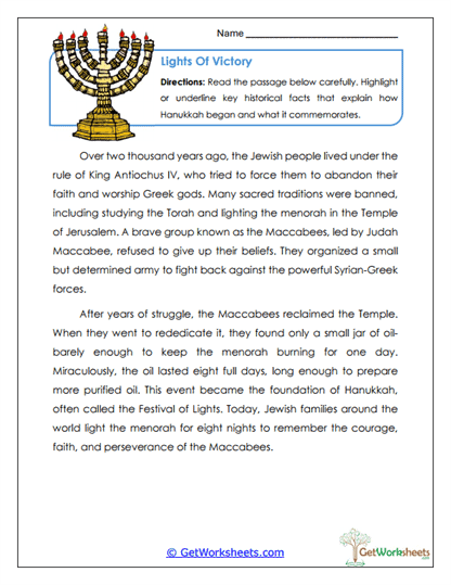 Lights of Victory Worksheet