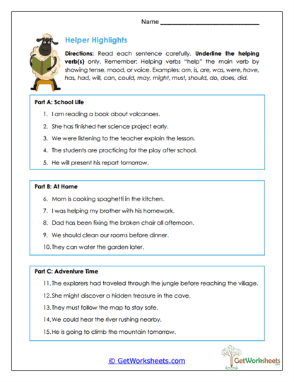 Helping Verb Underline Worksheet