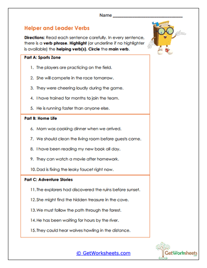 Helper and Main Verbs Worksheet