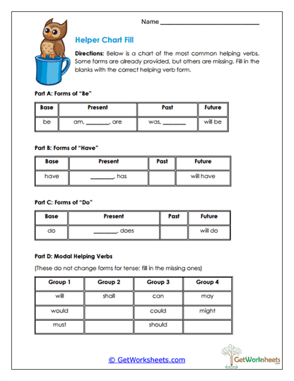Helping Verb Chart Worksheet