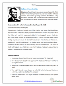 Letter of Leadership Worksheet - Civil War Primary Source Analysis