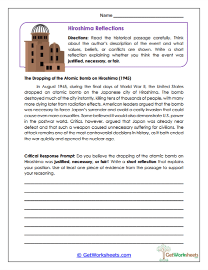Hiroshima Reflections Worksheet
