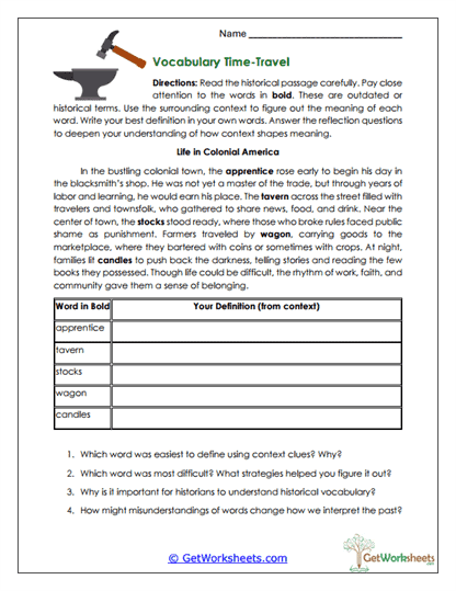 Vocabulary Time-Travel Worksheet