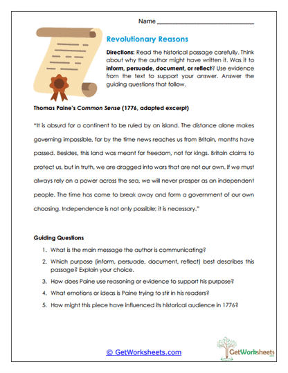 Revolutionary Reasons Worksheet