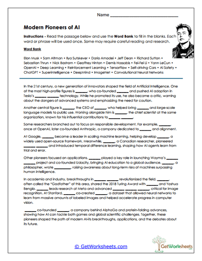 Modern Pioneers of AI Worksheet