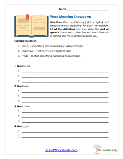 Word Meaning Showdown Worksheet