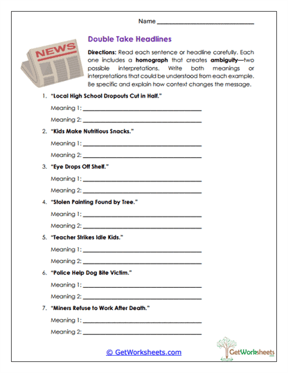 Double Take Headlines Worksheet