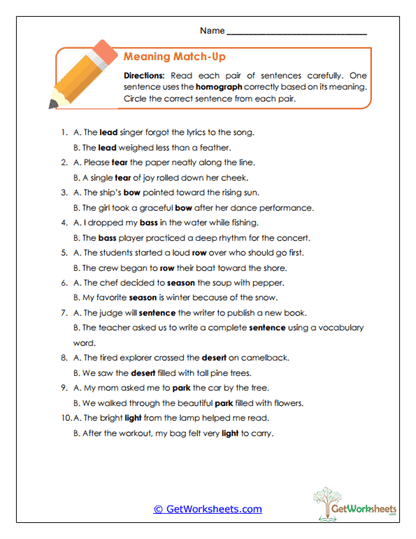 Meaning Match-Up Worksheet