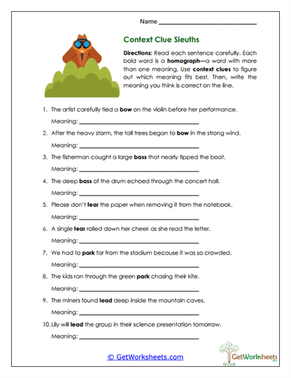 Context Clue Sleuths Worksheet
