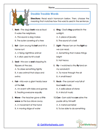 Homonyms Worksheets