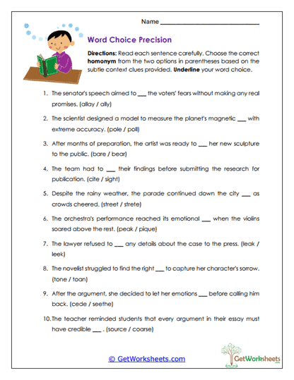 Word Choice Precision Worksheet