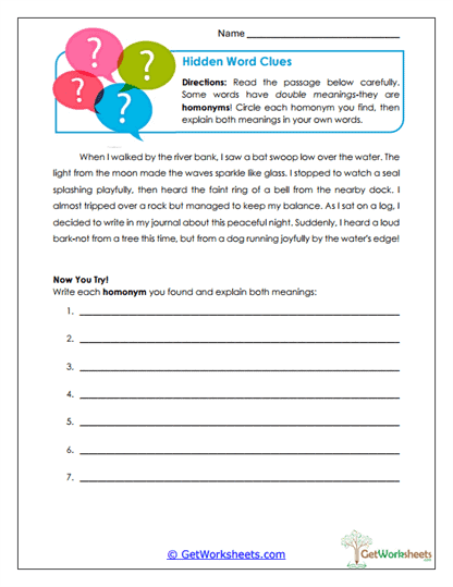 Hidden Word Clues Worksheet