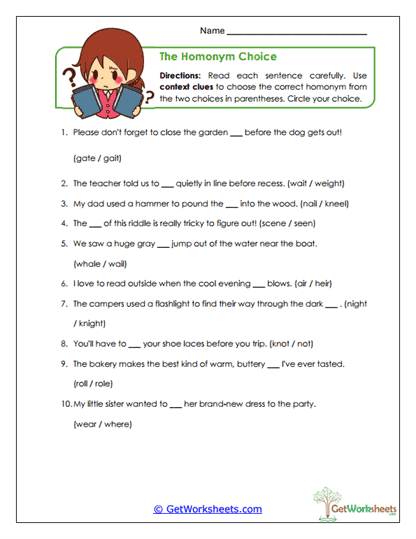 The Homonym Choice Worksheet