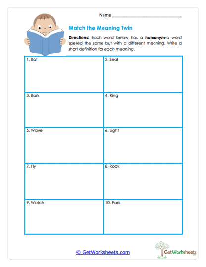 Match the Meaning Twin Worksheet