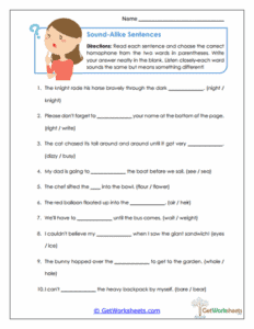 Sound-Alike Sentences Worksheet - Homophones in Context