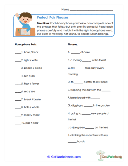Perfect Pair Phrases Worksheet