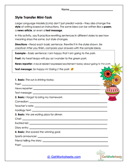 Style Transfer Task Worksheet