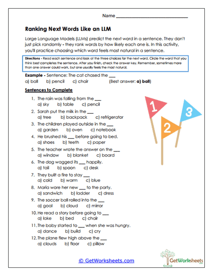Ranking Next Words Worksheet