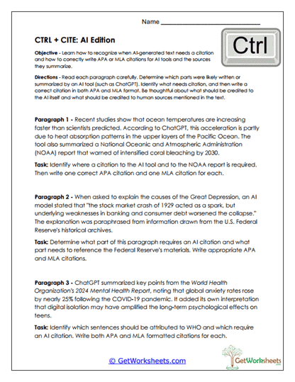 How to Cite AI as a Source Worksheets