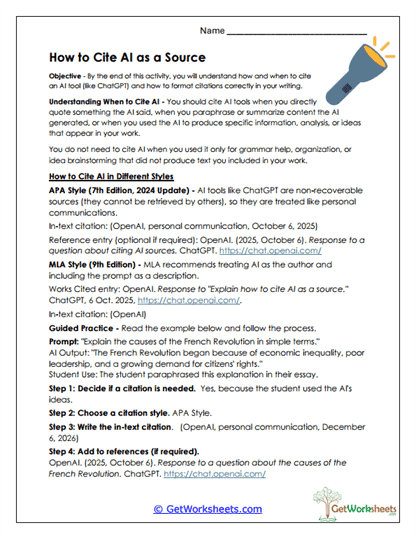 Cite AI Basics Worksheet