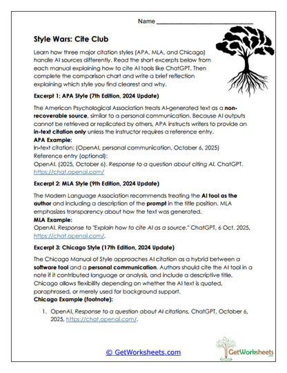 Style Wars: Cite Club Worksheet