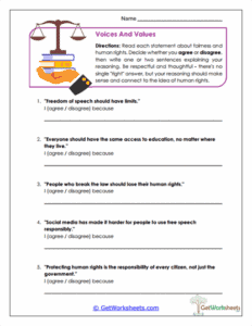 Voices and Values Worksheet - Opinion Writing & Ethical Reasoning