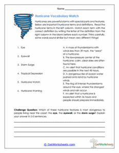 Hurricane Vocabulary Match Worksheet - Storm Terms & Safety