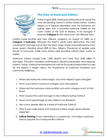 Story of Hurricane Katrina Worksheet